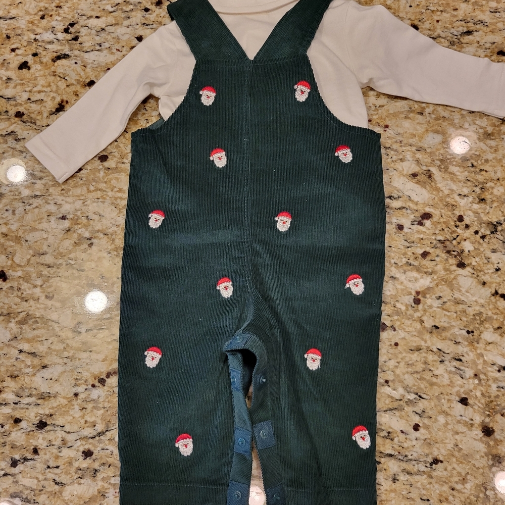 Baby Boys 6 Months Long-Sleeve Collared Top & Santa Corduroy Overall Set.